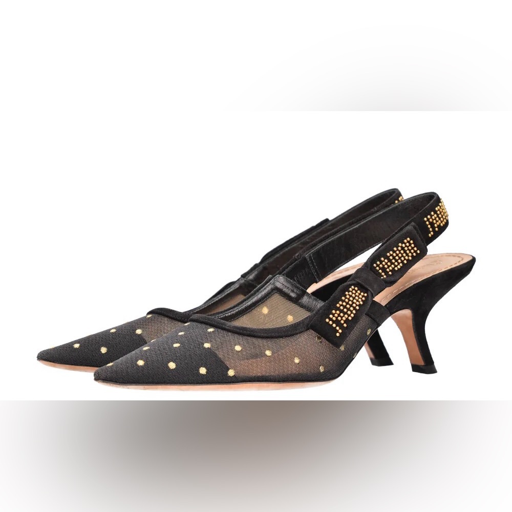 Dior Black and Gold Polka Dot Slingback Heels